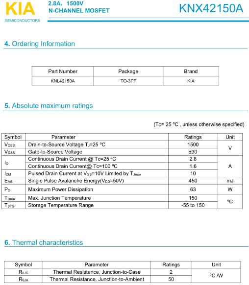 变频器MOS管,KNX42150A,2.8A/ 1500V